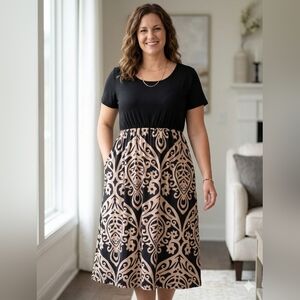 Nemidor Women’s Plus Size Maxi Dress Black Damask Print Short Sleeve Size 18